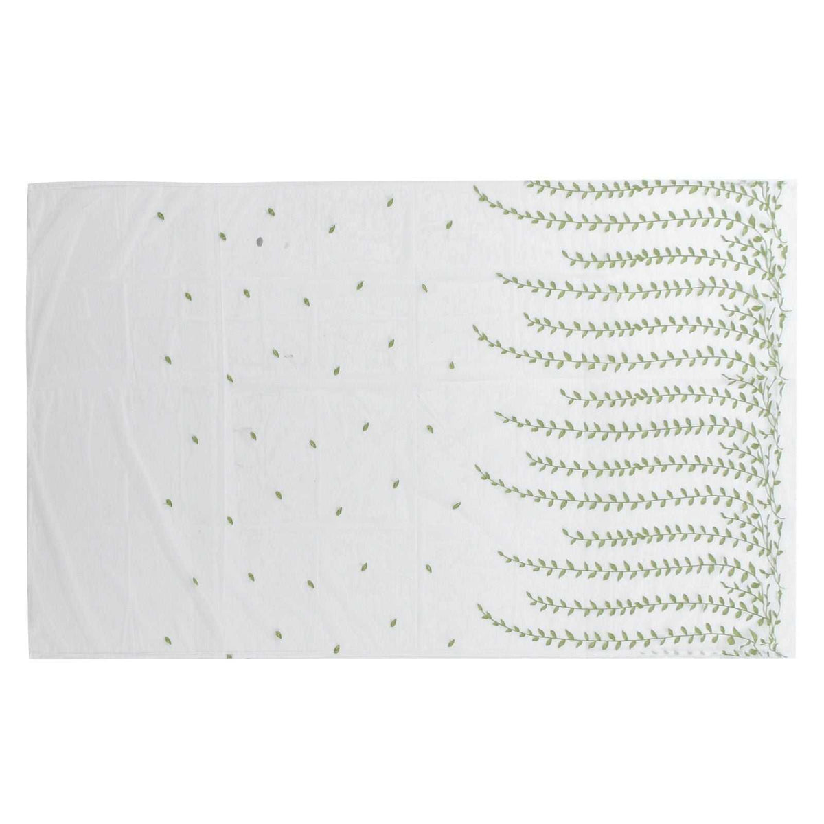 Sheer voile curtain with Green Willow Leaves print, translucent white polyester fabric and delicate green botanical branches
