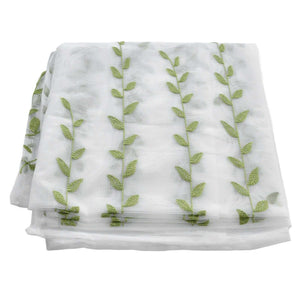 Sheer voile curtain in translucent white tulle with Green Willow Leaves embroidered in light green along vertical vines