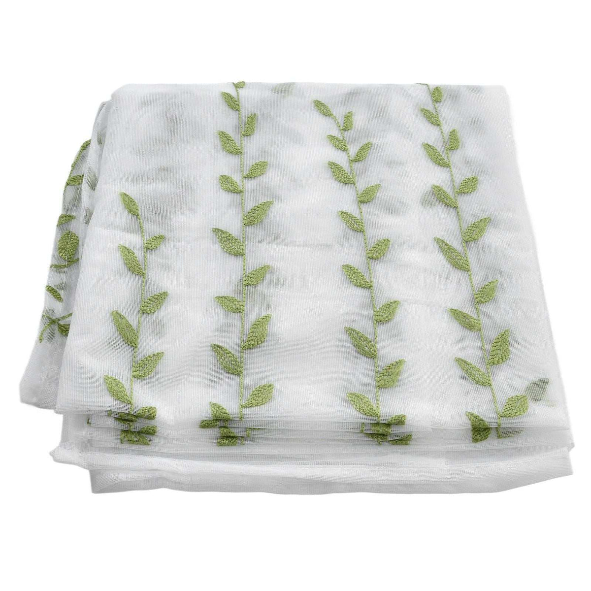 Sheer voile curtain in translucent white tulle with Green Willow Leaves embroidered in light green along vertical vines