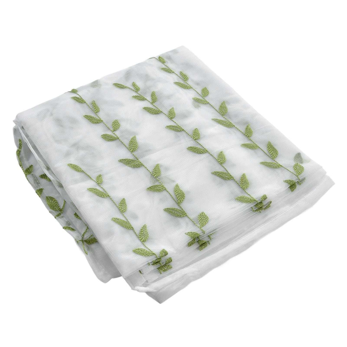 Green Willow Leaves sheer voile curtain in translucent white polyester, with delicate light green botanical leaf print