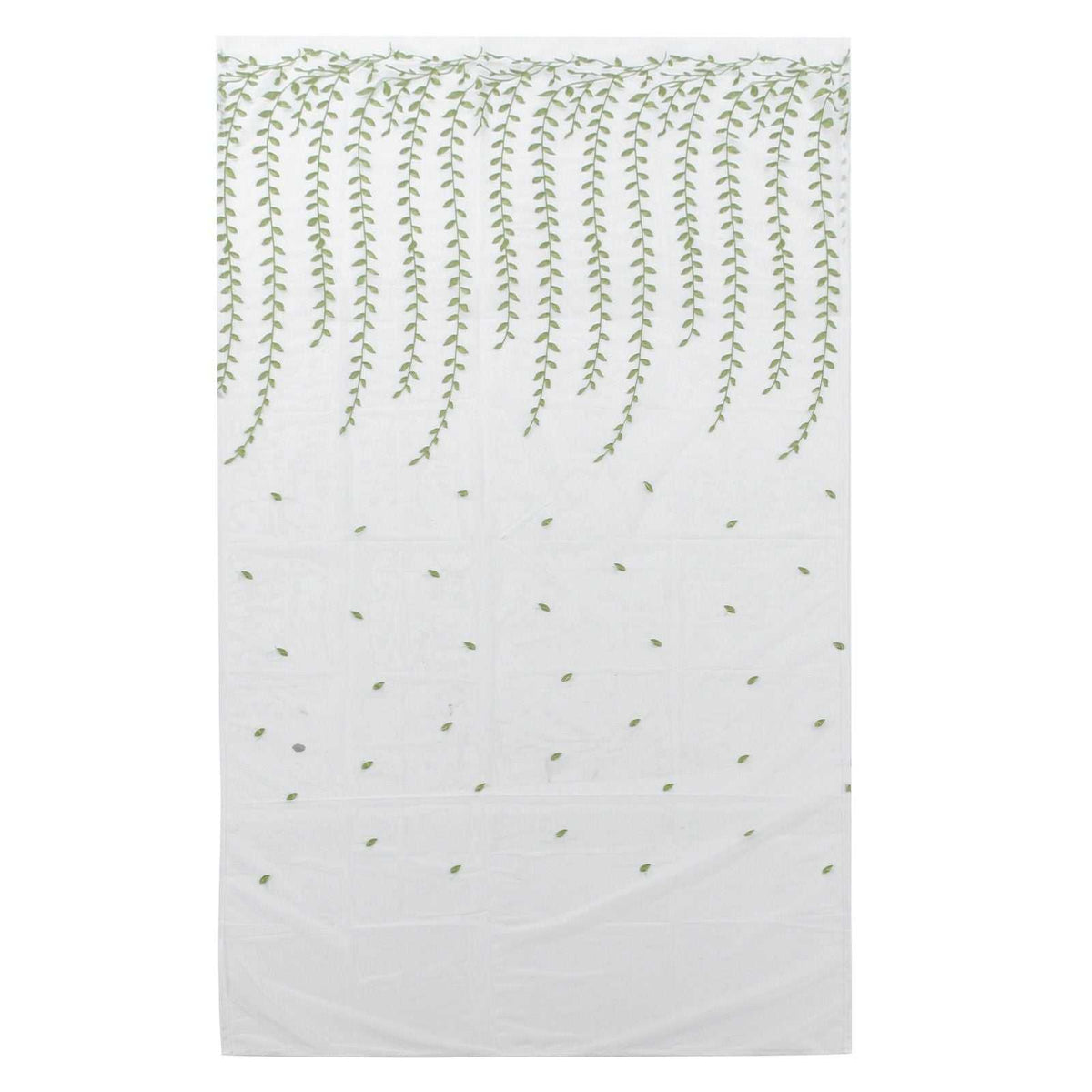 Green Willow Leaves sheer voile curtain in white translucent polyester, with delicate trailing pale green botanical prints.
