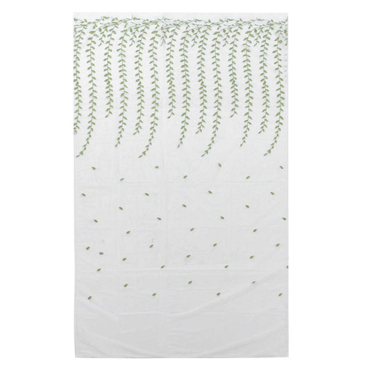 Green Willow Leaves sheer voile curtain in white translucent polyester, with delicate trailing pale green botanical prints.