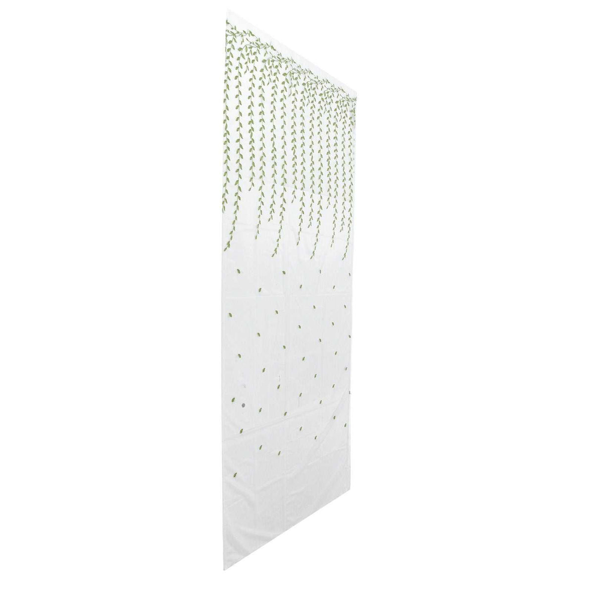 Sheer voile curtain with Green Willow Leaves print, a translucent white fabric panel patterned with delicate green trailing foliage.