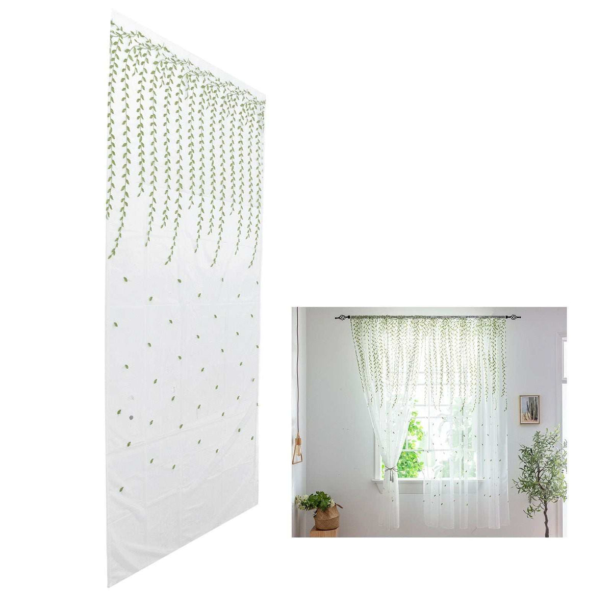 Green Willow Leaves sheer curtain in white translucent voile with delicate light green trailing leaf print