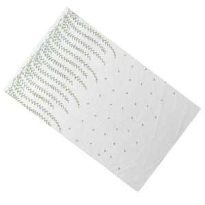 Sheer voile curtain in white with Green Willow Leaves printed in delicate light green botanical rows