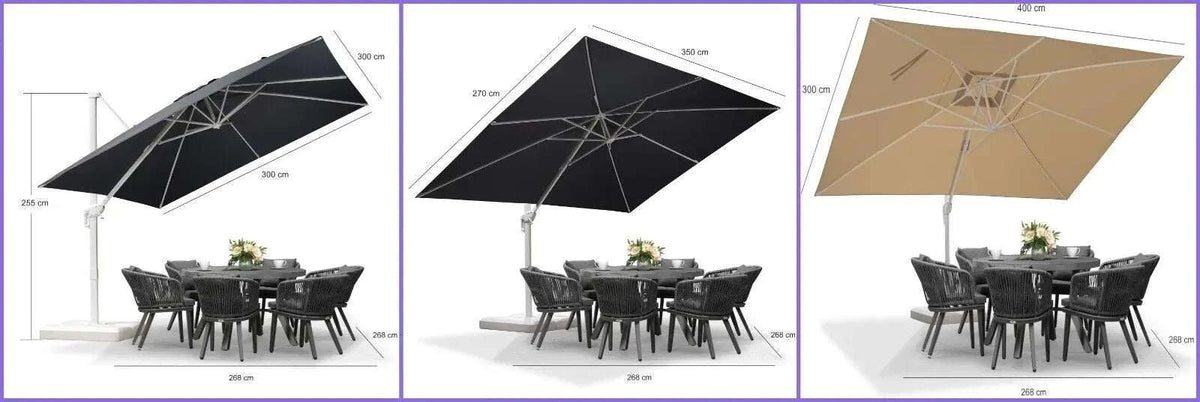 Grey 3m x 4m Cantilever Outdoor Umbrella with a dark grey rectangular canopy, curved support arm and cross base