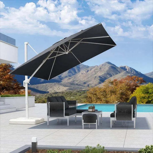 Grey 3m x 4m Cantilever Outdoor Umbrella with a dark grey rectangular canopy, metal support frame and white cross base