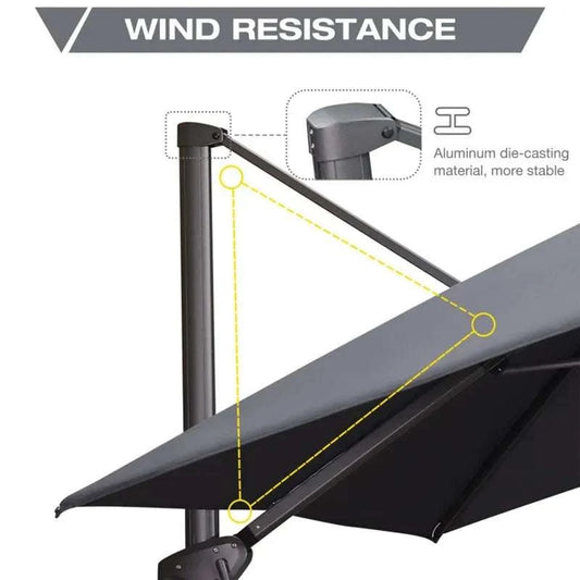 Grey Patio Cantilever Outdoor Umbrella with a dark grey canopy, aluminium frame and reinforced support arms