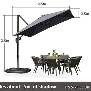 Grey Patio Cantilever Outdoor Umbrella with a square grey canopy, black frame and cross base, shown shading a dining set