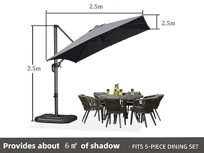 Grey Patio Cantilever Outdoor Umbrella with a square grey canopy, black frame and cross base, shown shading a dining set