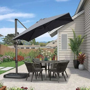 Grey Patio Cantilever Outdoor Umbrella with a square grey canopy, dark support frame and weighted base