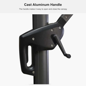 Grey Patio Cantilever Umbrella crank handle in black cast aluminum, with a curved grip and visible metal fasteners