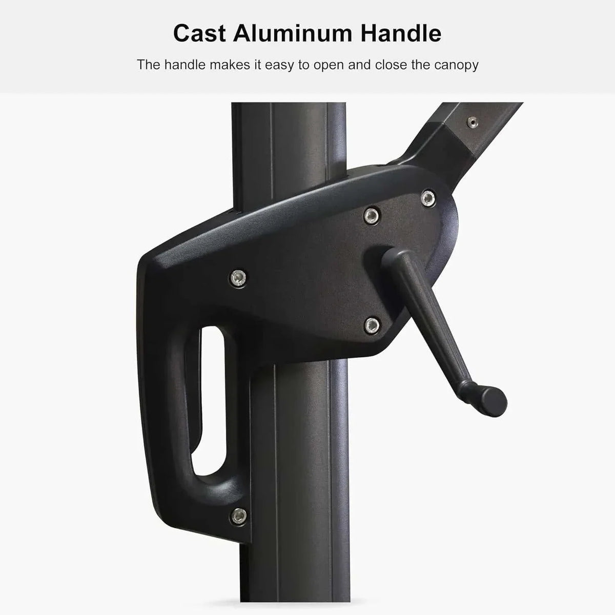 Grey Patio Cantilever Umbrella crank handle in black cast aluminum, with a curved grip and visible metal fasteners
