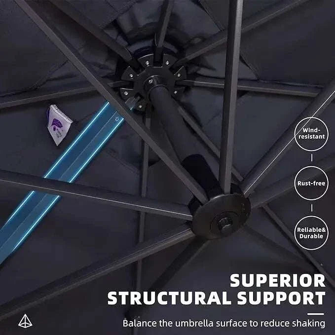 Grey Patio Cantilever Umbrella with dark grey canopy and sturdy black metal support ribs, hub and pole