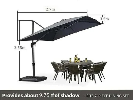 Grey Patio Cantilever Umbrella with a dark grey rectangular canopy, matching pole, crank arm and weighted base, shown over a dining set