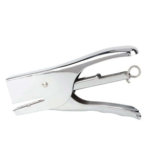 Hand Held Plier Stapler with a polished chrome metal body, curved handles and an exposed return spring
