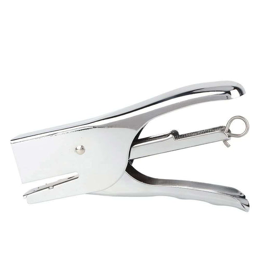 Hand Held Plier Stapler with a polished chrome metal body, curved handles and an exposed return spring