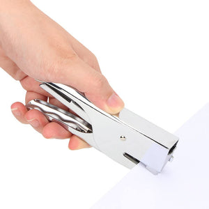 Hand Held Plier Stapler with a shiny chrome metal body, curved handles and a compact stapling head