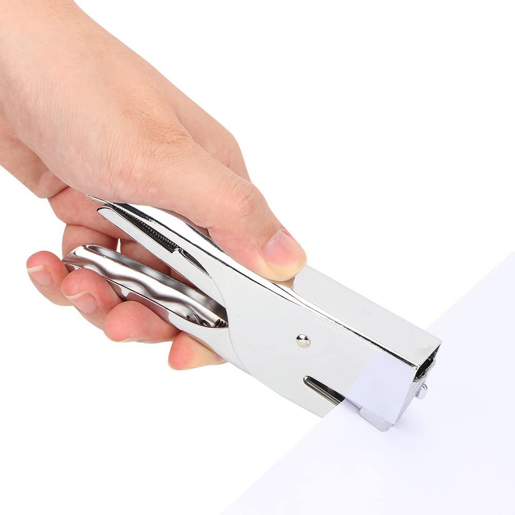 Hand Held Plier Stapler with a shiny chrome metal body, curved handles and a compact stapling head