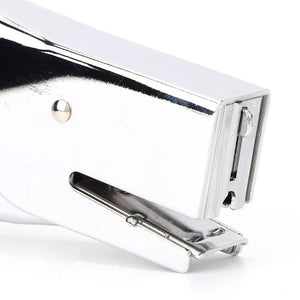 Hand Held Plier Stapler with a reflective chrome metal body, long handles, and a compact hinged stapling head