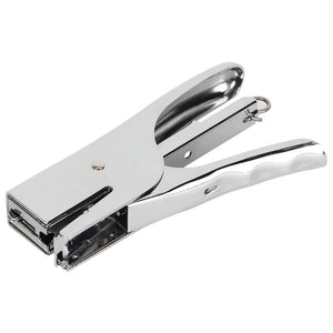 Hand Held Plier Stapler in polished chrome-plated metal with a hinged plier handle and compact stapling head