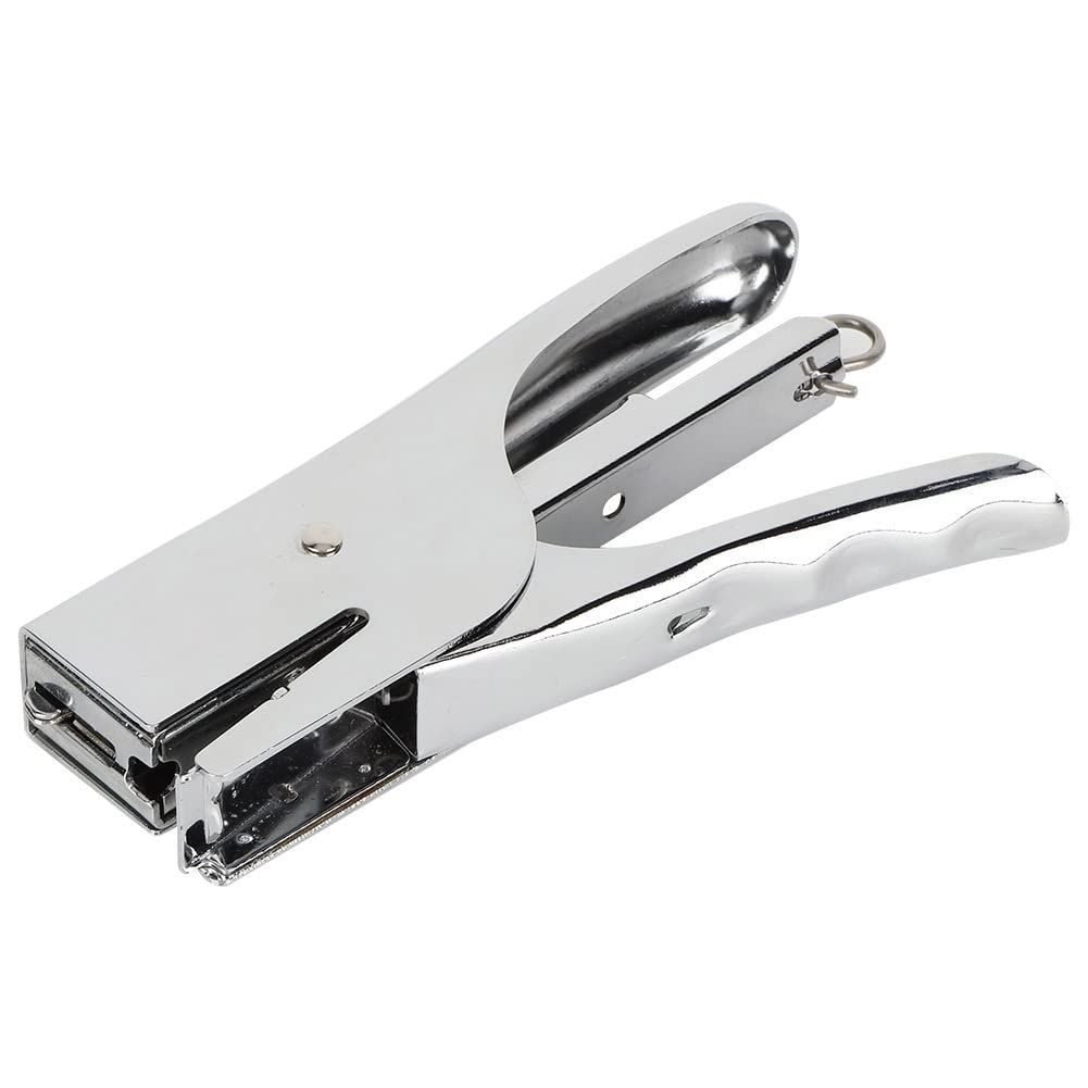 Hand Held Plier Stapler in polished chrome-plated metal with a hinged plier handle and compact stapling head
