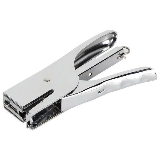 Hand Held Plier Stapler in polished chrome-plated metal with a hinged plier handle and compact stapling head