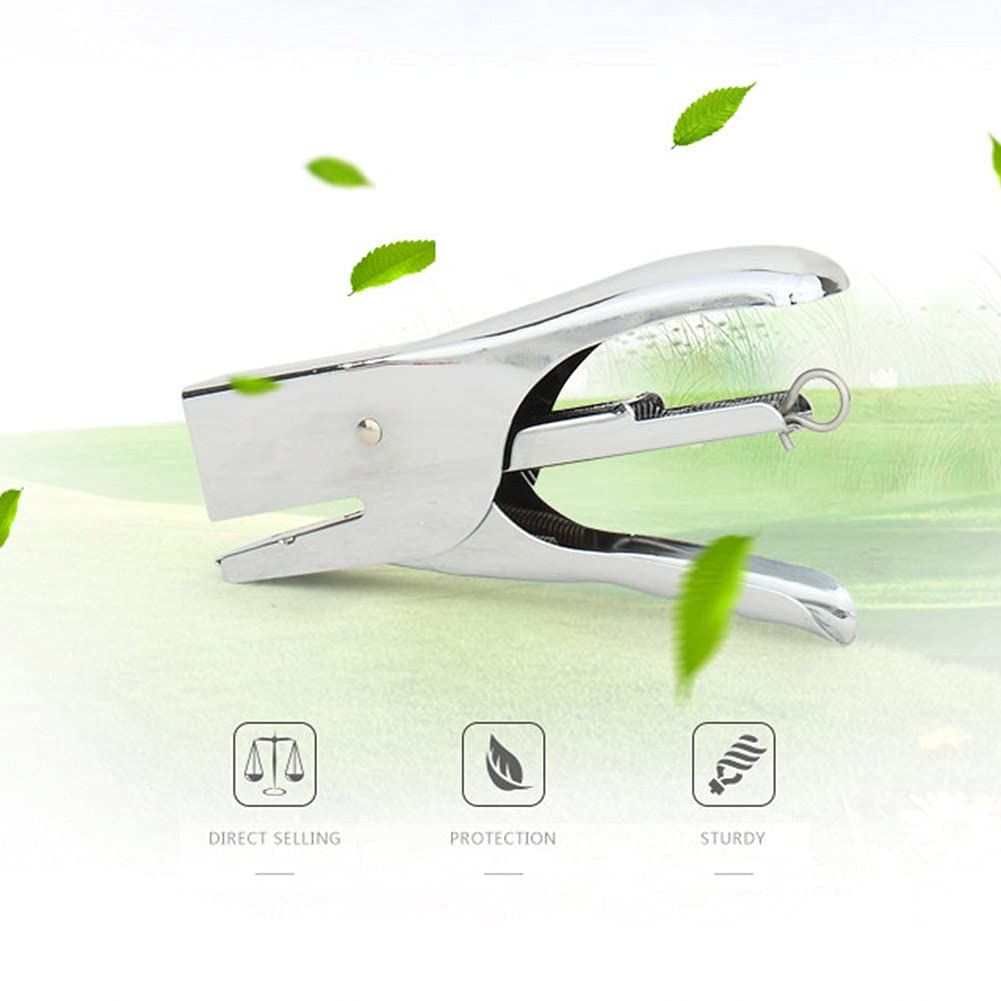 Hand Held Plier Stapler with a shiny chrome metal body, curved handles, and a visible spring mechanism