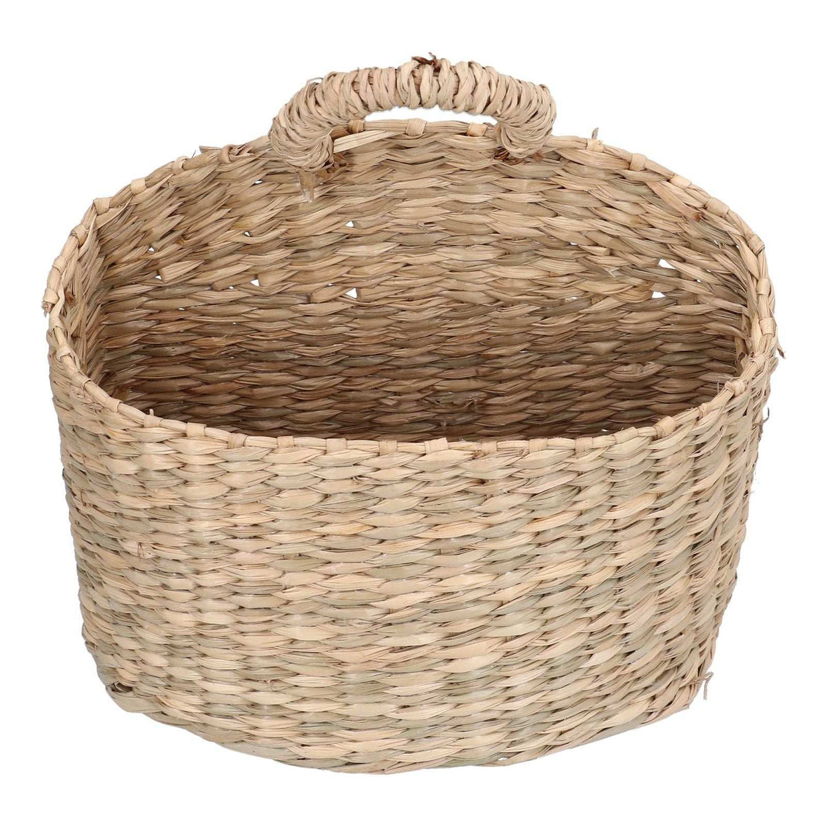Hanging Basket Seagrass in natural beige woven fibers, with a rounded open shape and thick integrated carry handle