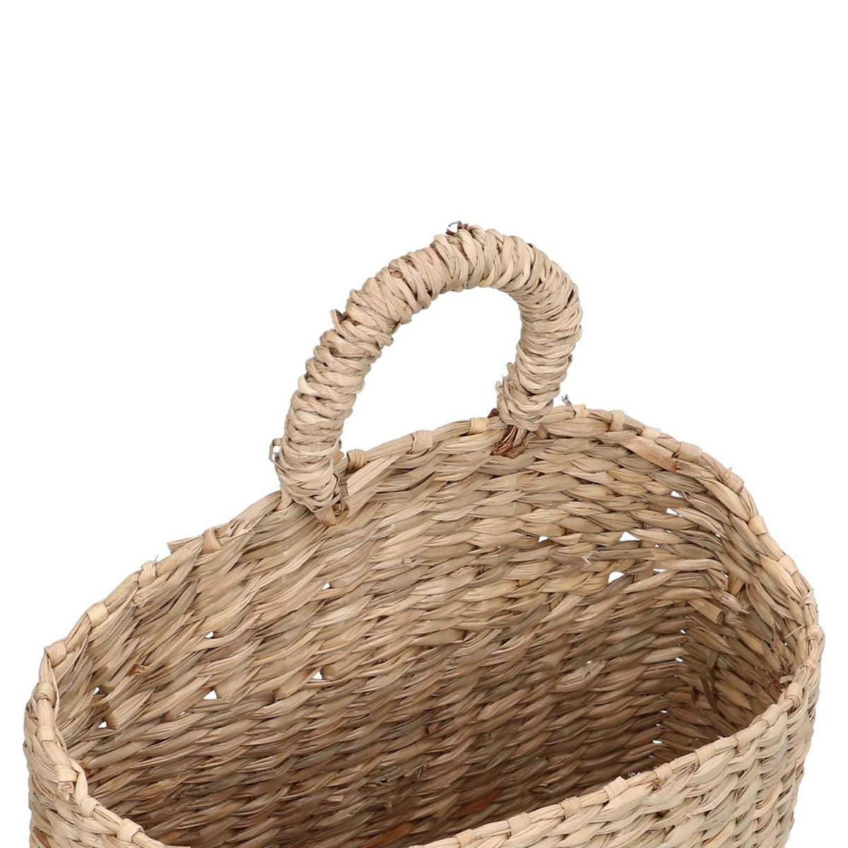 Hanging Basket Seagrass in natural beige, handwoven with a textured open weave and a sturdy loop handle