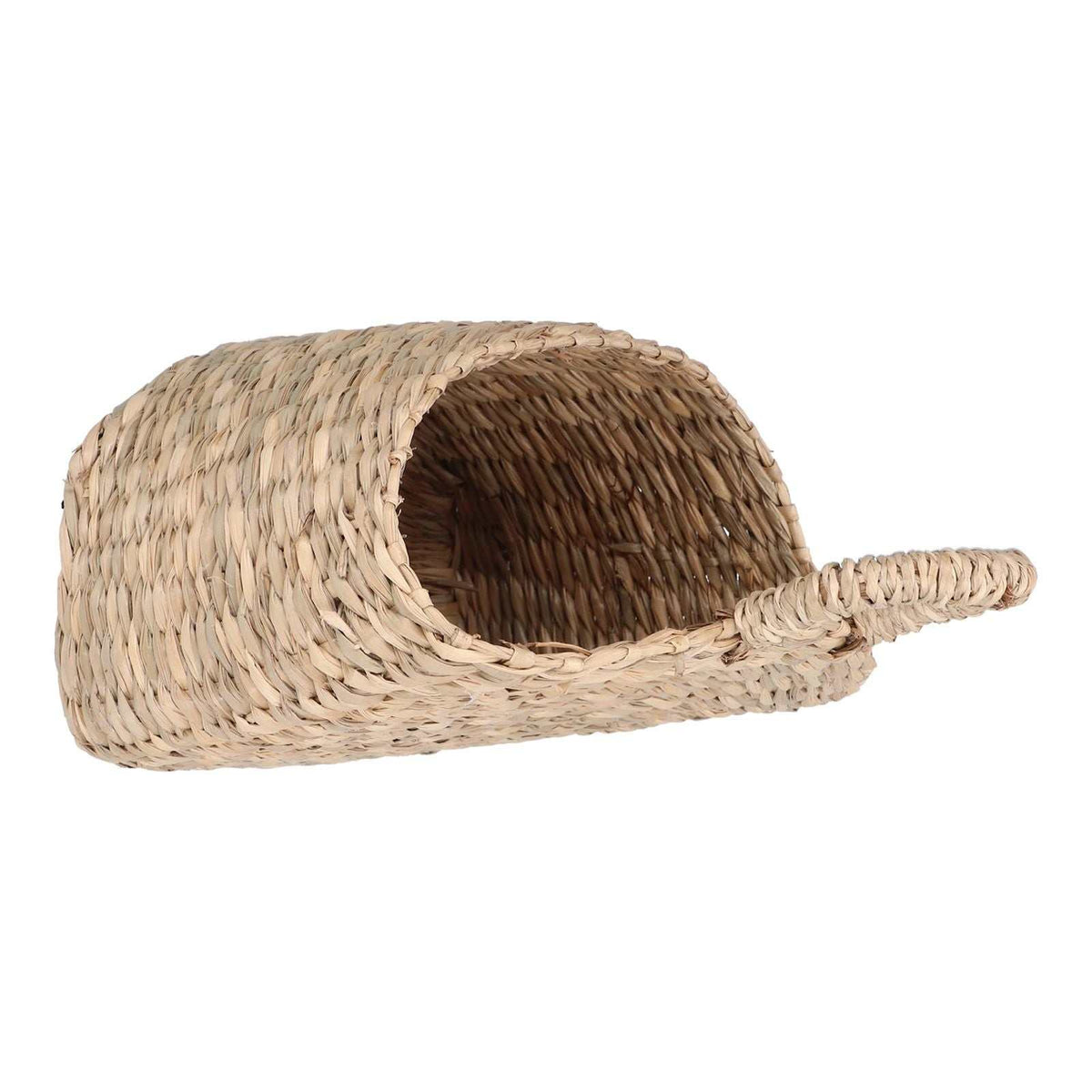 Hanging Basket Seagrass in natural beige woven fibers, with a rounded open basket and long braided hanging handle