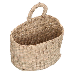 Hanging Basket Seagrass in natural tan woven fibers, with an oval open top and a sturdy loop handle