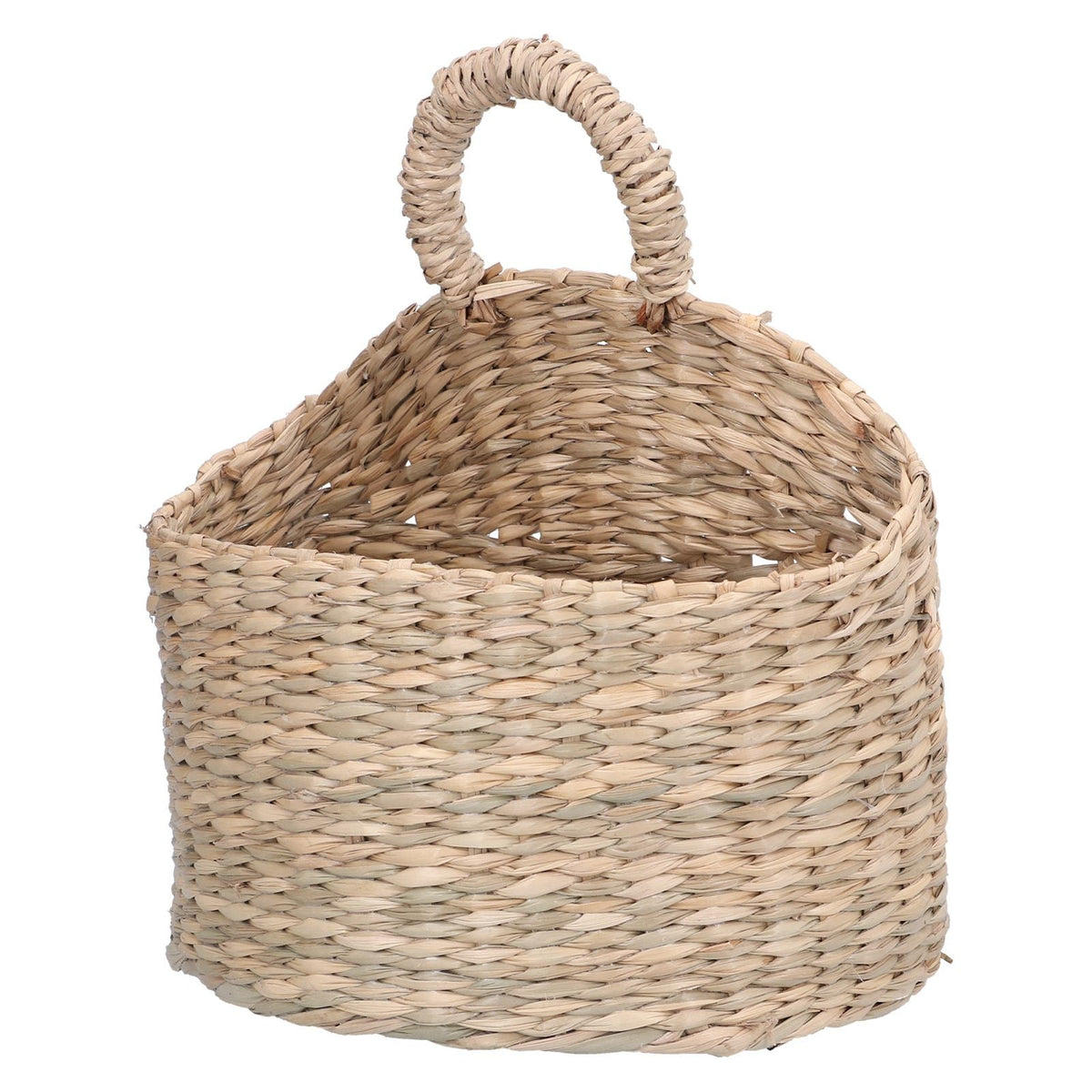 Hanging Basket Seagrass woven in natural beige fibers, with a rounded open top and integrated loop handle