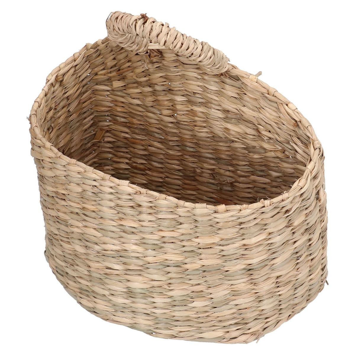 Hanging Basket Seagrass in natural beige woven fibres, with an open oval shape and a thick braided hanging loop