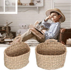 Hanging Basket Seagrass pair in natural tan woven material, with rounded open tops and sturdy loop handles