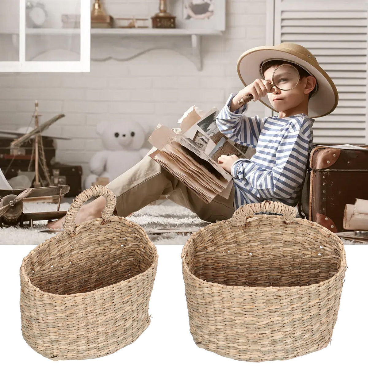 Hanging Basket Seagrass pair in natural tan woven material, with rounded open tops and sturdy loop handles