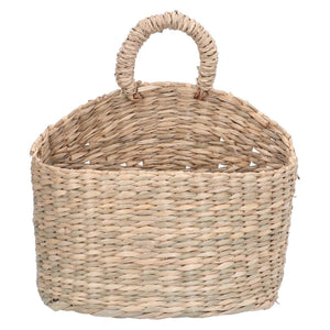 Hanging Basket Seagrass woven wall basket in natural tan with an open top, rounded shape and loop handle
