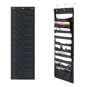 Hanging Wall Organiser in black fabric with ten horizontal document pockets and metal hanging loops
