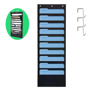 Hanging Wall Organiser in black Oxford cloth with ten blue A4 pockets and three metal wall hooks