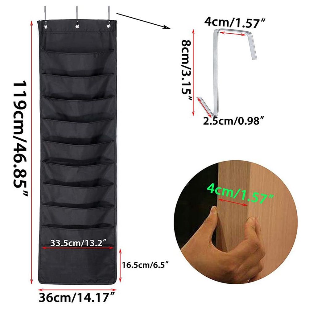 Hanging Wall Organiser in black fabric with ten open pockets, vertical file sleeves and metal hanging hooks