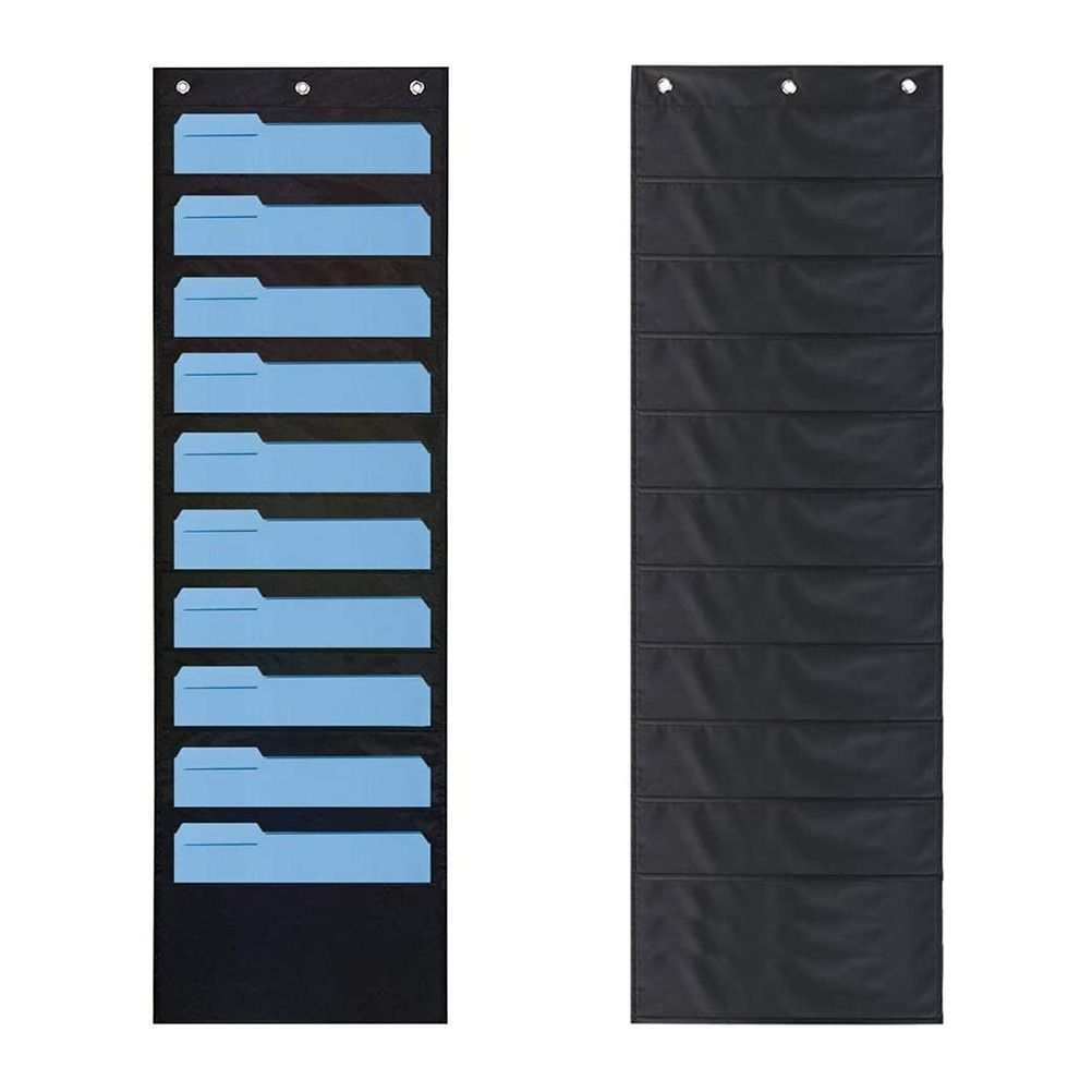 Hanging Wall Organiser in black fabric with ten horizontal pockets, shown with blue folder inserts and plain backing