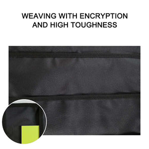 Hanging Wall Organiser in black woven fabric, showing close-up stitching and a reinforced pocket edge