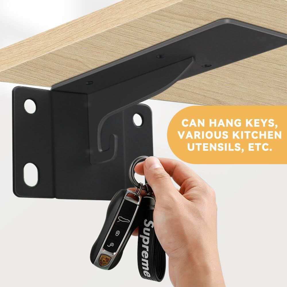 Heavy Duty Hidden Shelf Brackets in matte black metal with an L-shaped wall mount and integrated hook for hanging keys