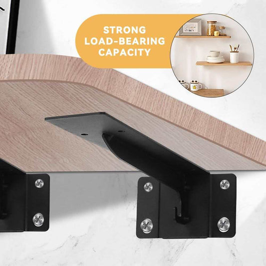 Heavy Duty Hidden Shelf Brackets in matte black metal, with concealed L-shaped supports mounted beneath a wood shelf.