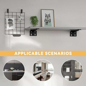 Heavy Duty Hidden Shelf Brackets in black metal with L-shaped wall mounts supporting a slim display shelf