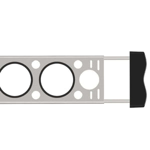 Heavy-Duty Stainless Steel Kitchen sink drainer, grey metal with circular drainage holes and a black adjustable end grip