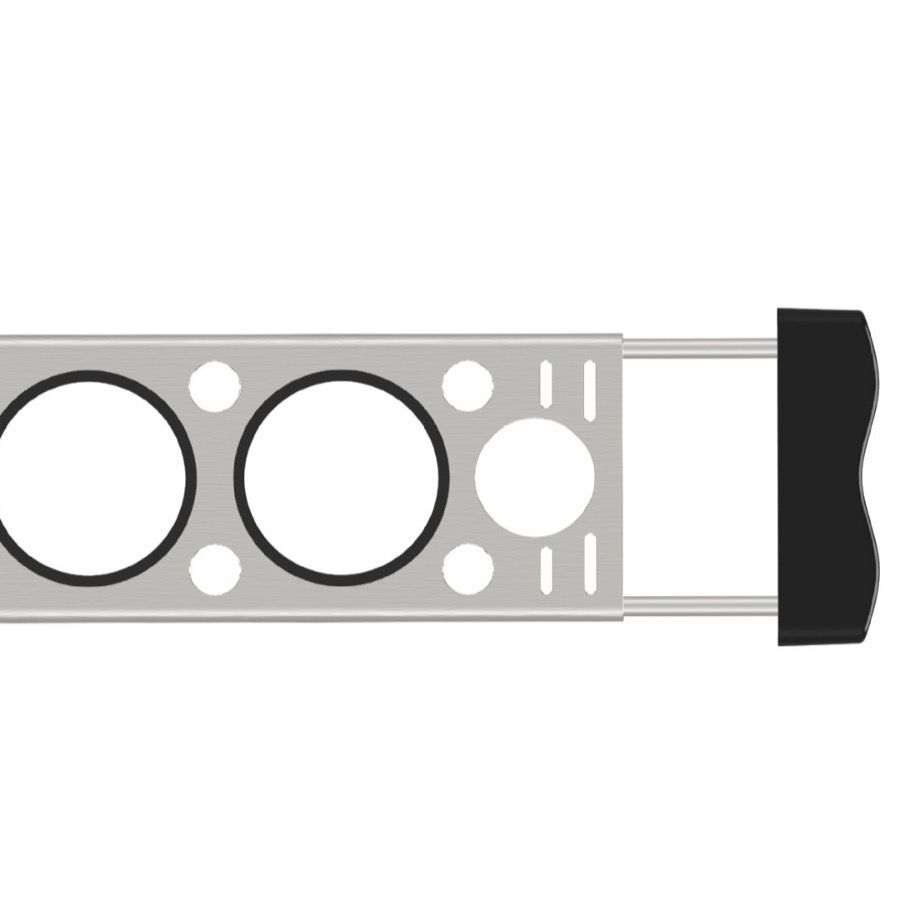 Heavy-Duty Stainless Steel Kitchen sink drainer, grey metal with circular drainage holes and a black adjustable end grip
