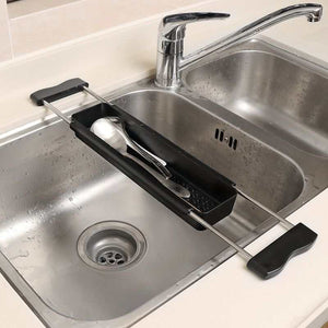 Heavy-Duty Stainless Steel Kitchen over-sink drying rack with slim steel rails, black ends and a black utensil tray