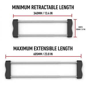 Heavy-Duty Stainless Steel Kitchen retractable rack with twin metal bars and dark grey end grips, extending from 340 to 605 mm