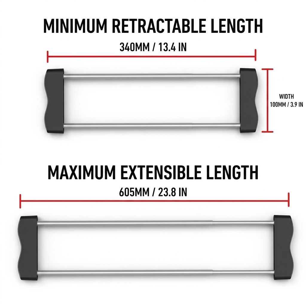 Heavy-Duty Stainless Steel Kitchen retractable rack with twin metal bars and dark grey end grips, extending from 340 to 605 mm